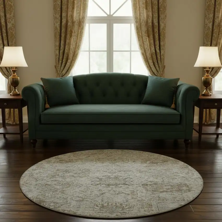 8' Ivory And Gray Damask Washable Round Rug With UV Protection Photo 2