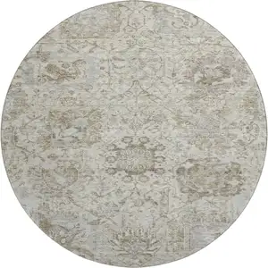 Photo of 8' Ivory And Gray Damask Washable Round Rug With UV Protection