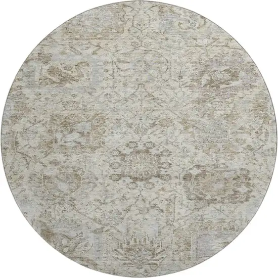 8' Ivory And Gray Damask Washable Round Rug With UV Protection Photo 1