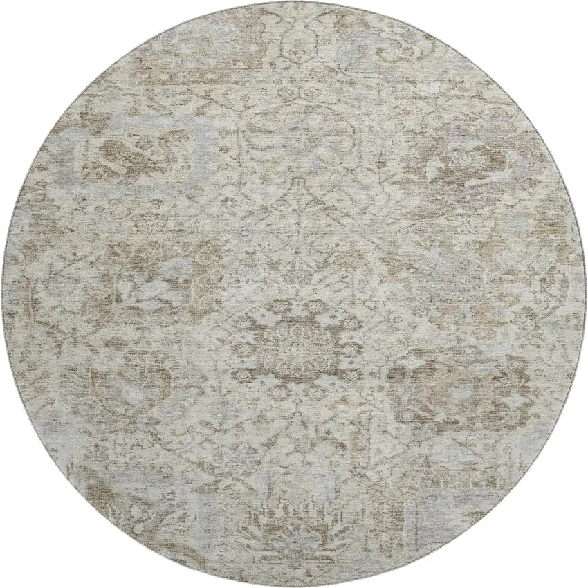 8' Ivory And Gray Damask Washable Round Rug With UV Protection Photo 1
