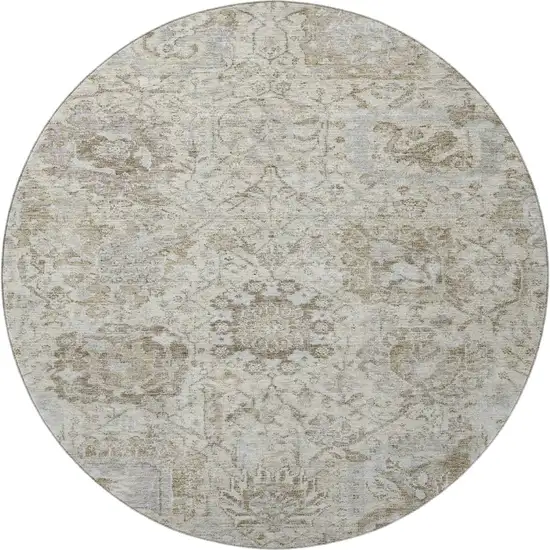 8' Ivory And Gray Damask Washable Round Rug With UV Protection Photo 2