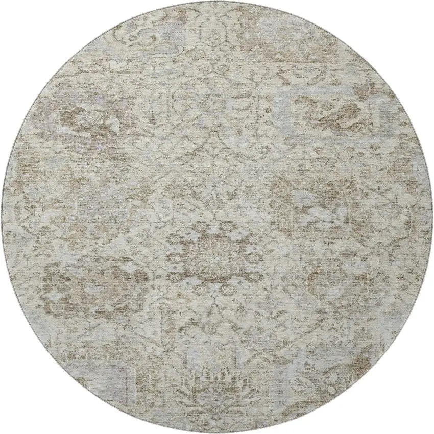 8' Ivory And Gray Damask Washable Round Rug With UV Protection Photo 2