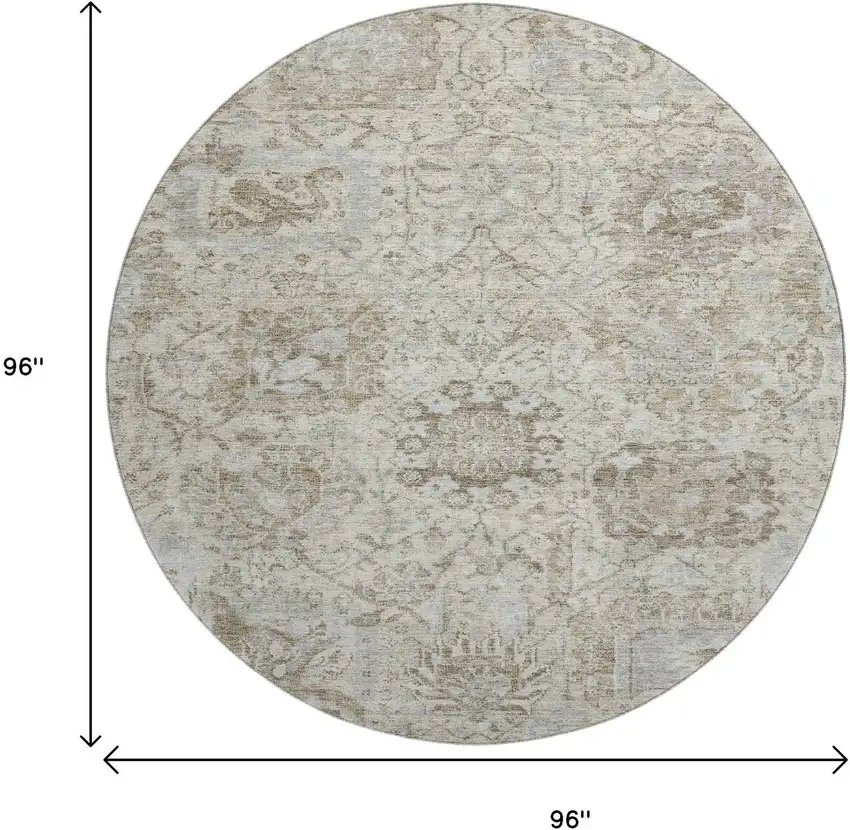 8' Ivory And Gray Damask Washable Round Rug With UV Protection Photo 8