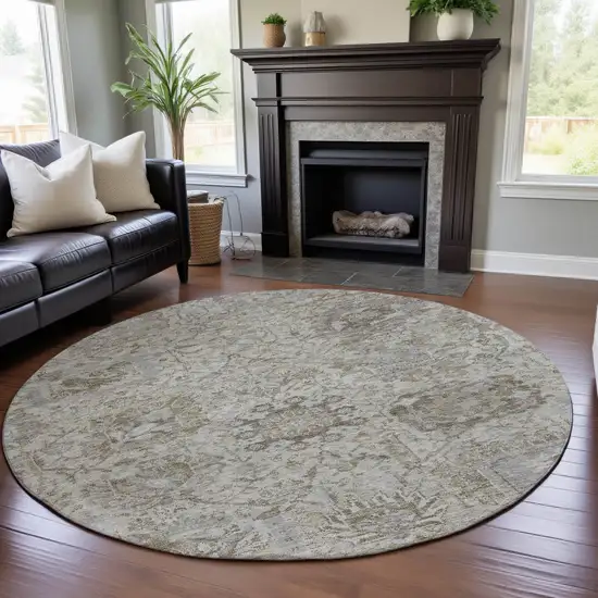 8' Ivory And Gray Damask Washable Round Rug With UV Protection Photo 3