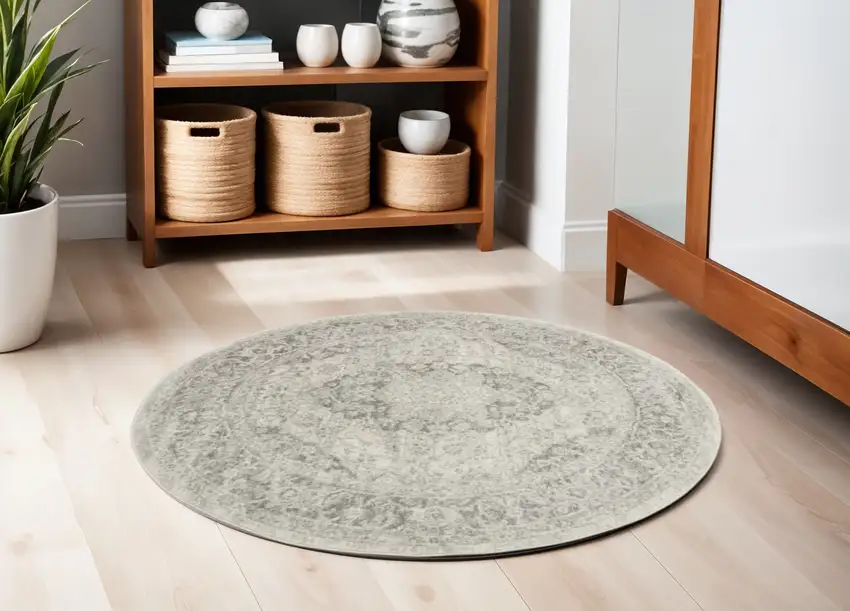 5' Ivory And Gray Floral Medallion Distressed Round Rug Photo 1