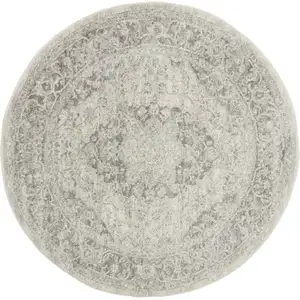 Photo of 5' Ivory And Gray Floral Medallion Distressed Round Rug