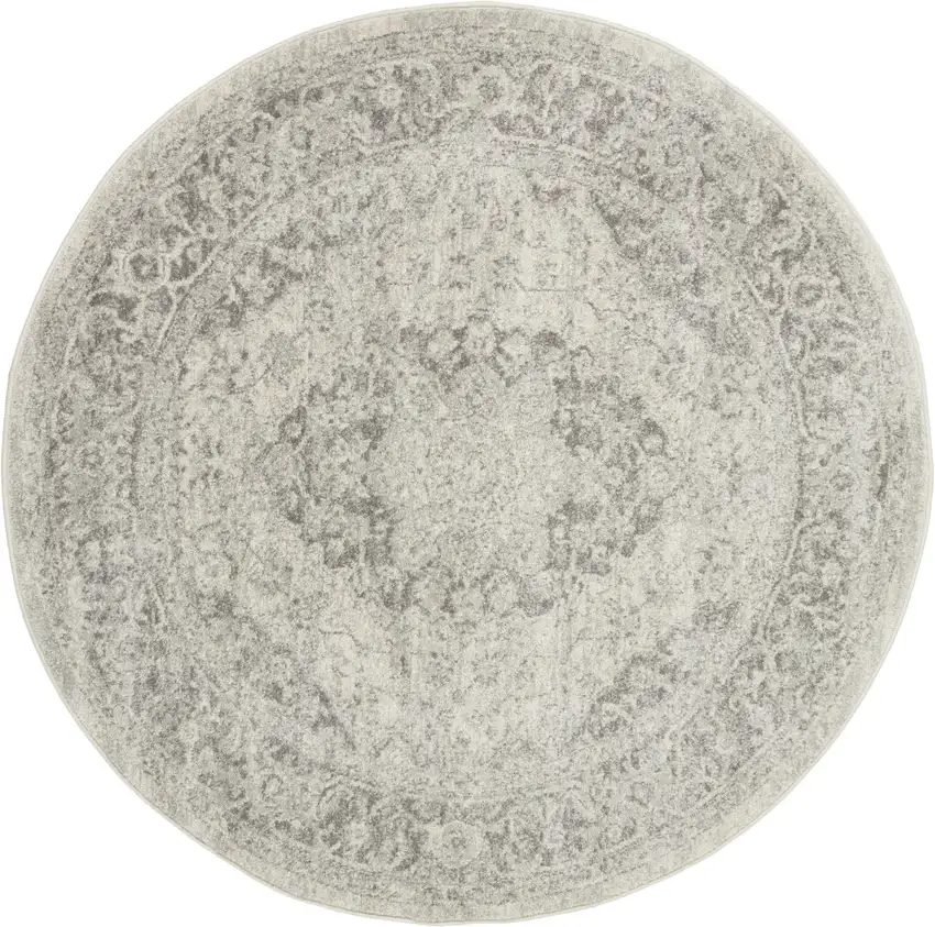 5' Ivory And Gray Floral Medallion Distressed Round Rug Photo 1