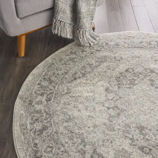5' Ivory And Gray Floral Medallion Distressed Round Rug Photo 8