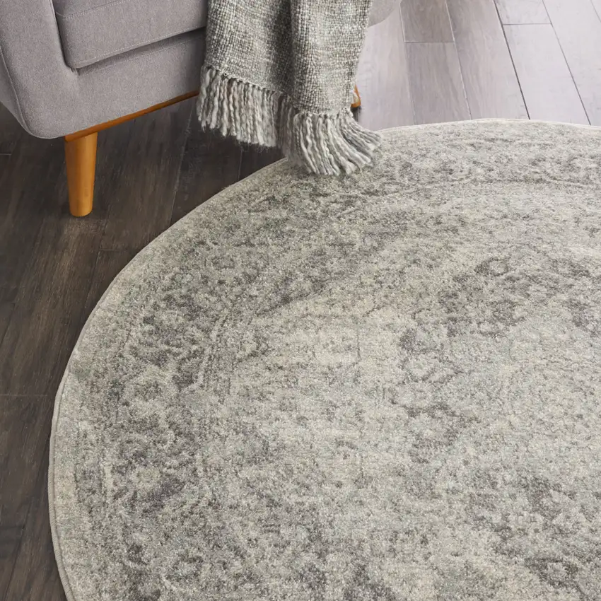 5' Ivory And Gray Floral Medallion Distressed Round Rug Photo 8
