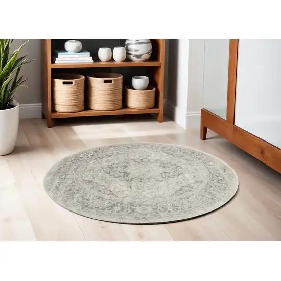 5' Ivory And Gray Floral Medallion Distressed Round Rug Photo 2