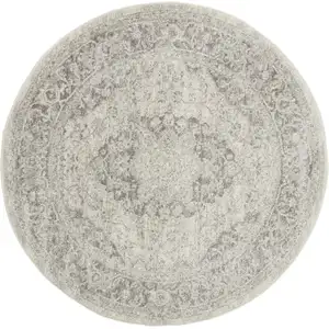 Photo of 5' Ivory And Gray Floral Medallion Distressed Round Rug