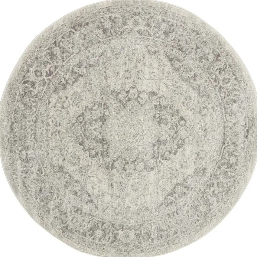 5' Ivory And Gray Floral Medallion Distressed Round Rug Photo 3