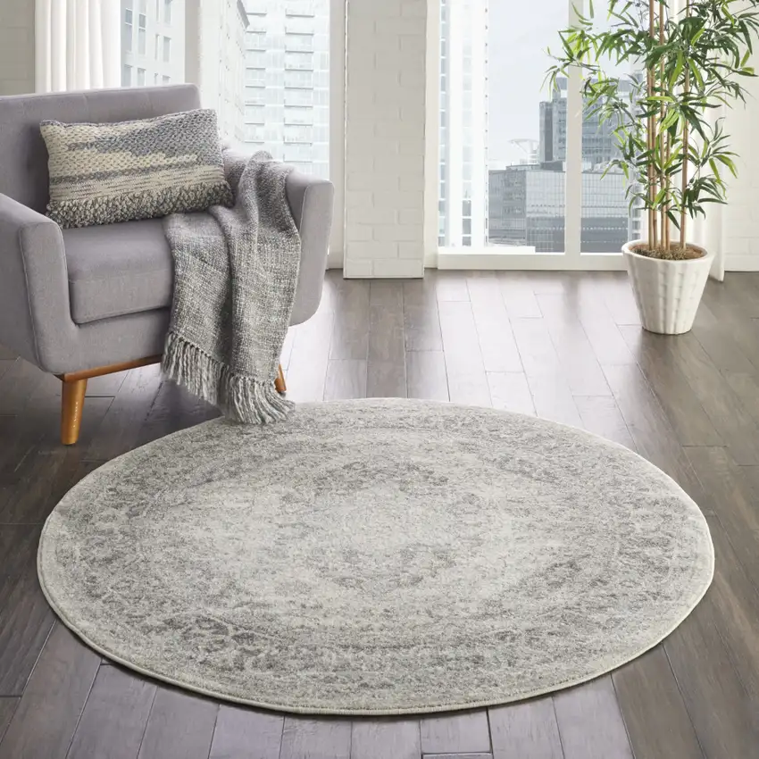 4' Ivory And Gray Floral Medallion Distressed Round Rug Photo 7