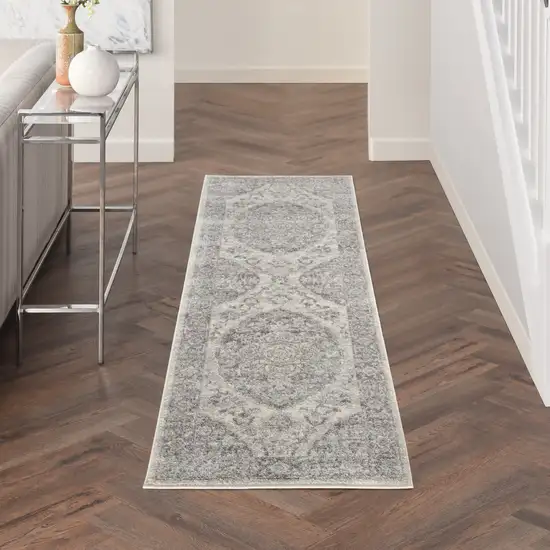 7' Ivory And Gray Floral Medallion Distressed Runner Rug Photo 8