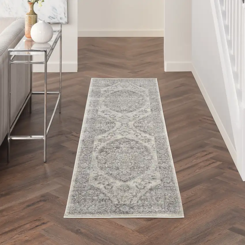 7' Ivory And Gray Floral Medallion Distressed Runner Rug Photo 8