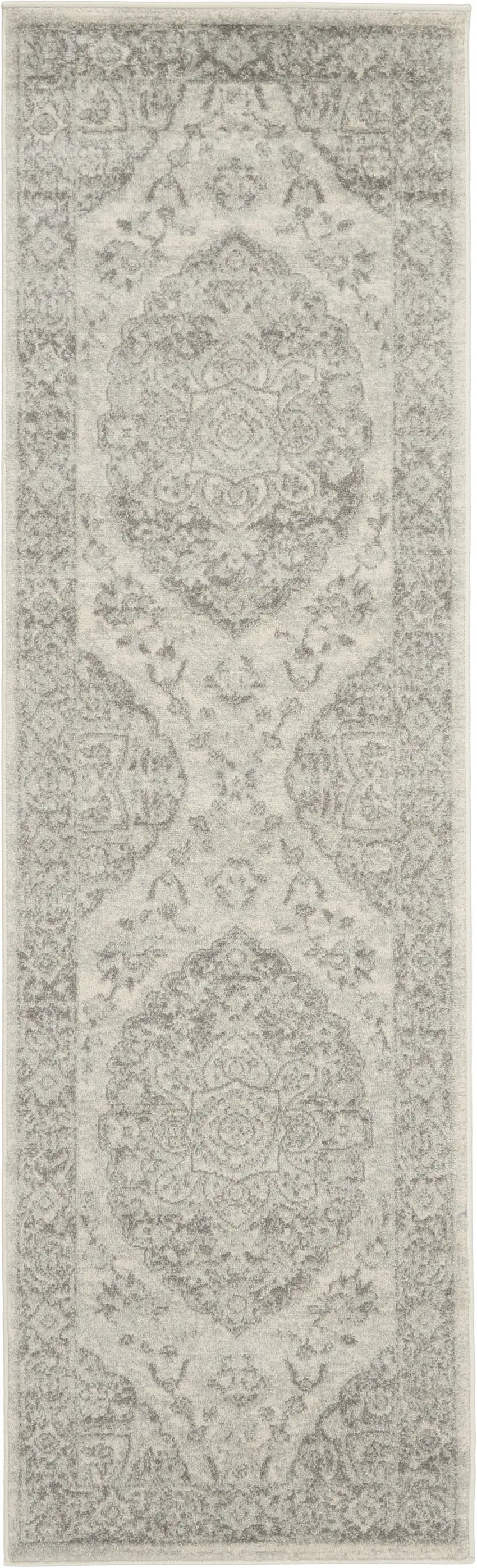 7' Ivory And Gray Floral Medallion Distressed Runner Rug Photo 2