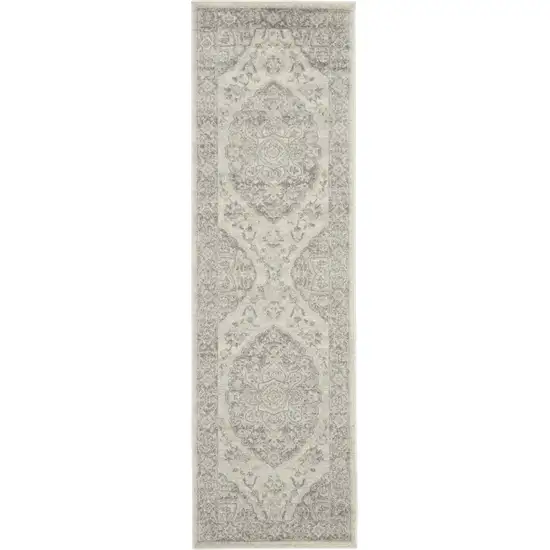 7' Ivory And Gray Floral Medallion Distressed Runner Rug Photo 1