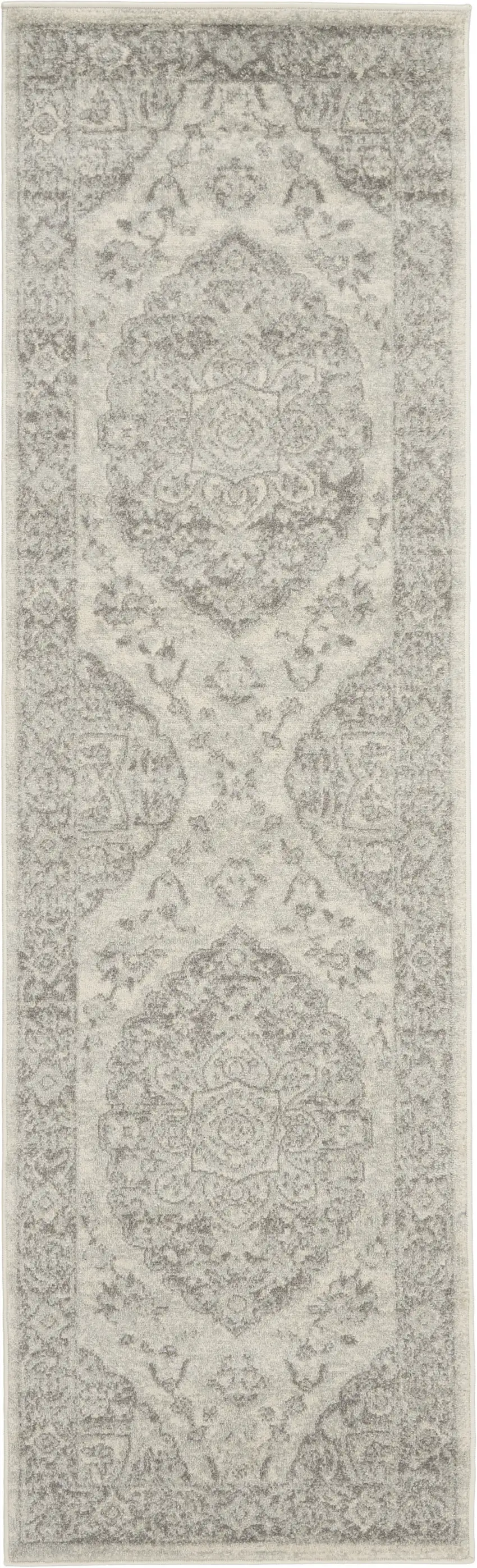 7' Ivory And Gray Floral Medallion Distressed Runner Rug Photo 1