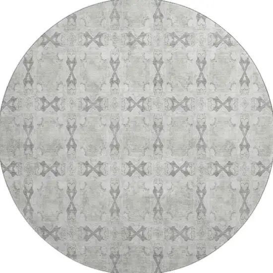 8' Ivory And Gray Floral Medallion Washable Round Rug With UV Protection Photo 4
