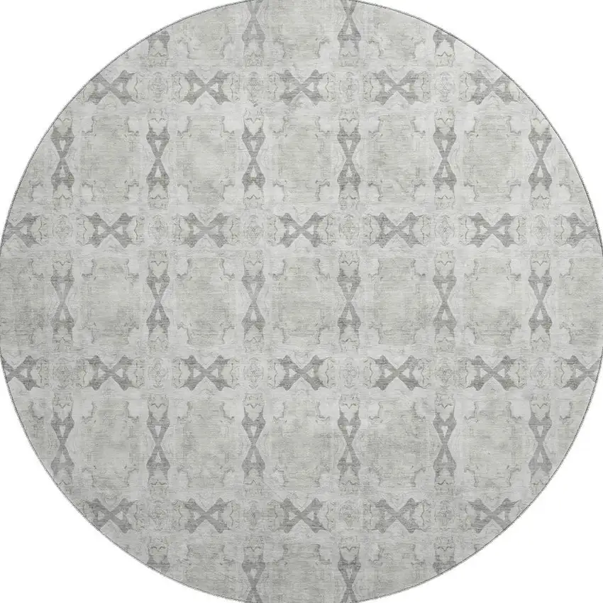 8' Ivory And Gray Floral Medallion Washable Round Rug With UV Protection Photo 4