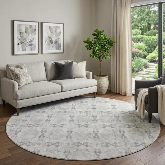 8' Ivory And Gray Floral Medallion Washable Round Rug With UV Protection Photo 1