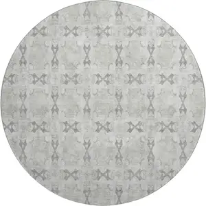 Photo of 8' Ivory And Gray Floral Medallion Washable Round Rug With UV Protection