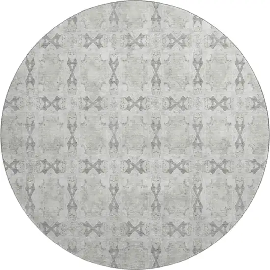 8' Ivory And Gray Floral Medallion Washable Round Rug With UV Protection Photo 1