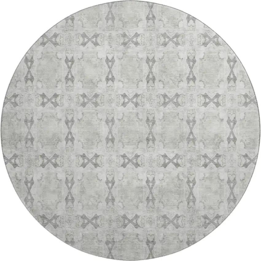 8' Ivory And Gray Floral Medallion Washable Round Rug With UV Protection Photo 1