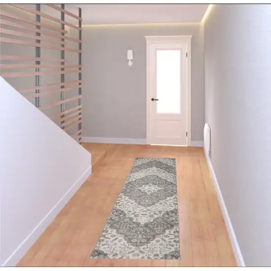 8' Ivory And Gray Floral Runner Rug Photo 1