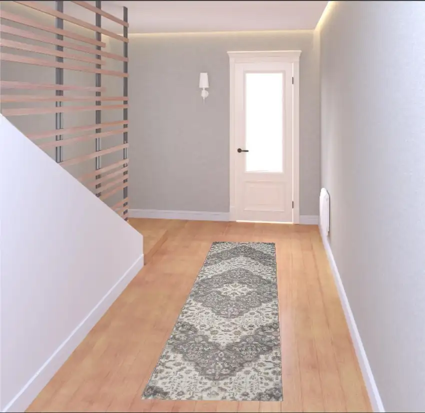 8' Ivory And Gray Floral Runner Rug Photo 1