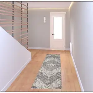 Photo of 8' Ivory And Gray Floral Runner Rug