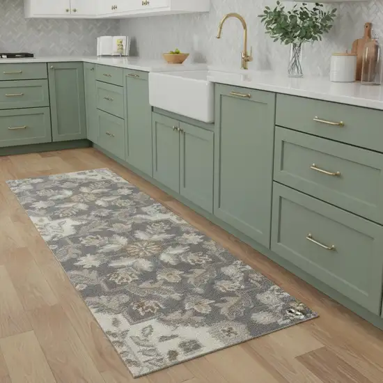 8' Ivory And Gray Floral Runner Rug Photo 1