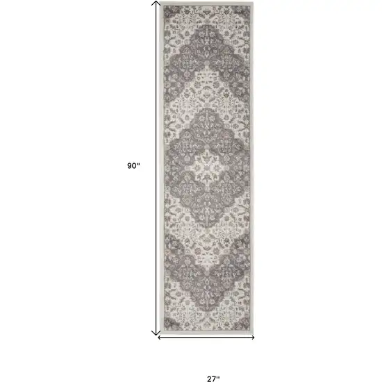 8' Ivory And Gray Floral Runner Rug Photo 3