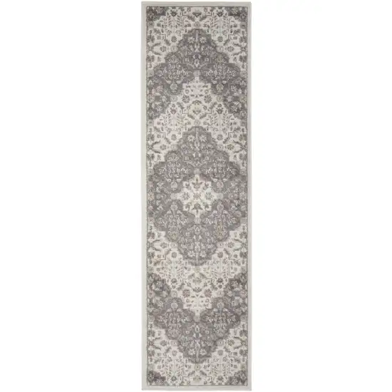 8' Ivory And Gray Floral Runner Rug Photo 4