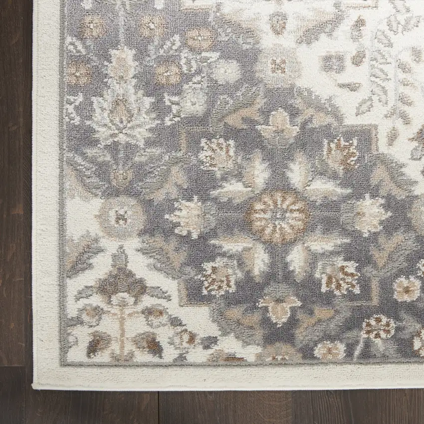 8' Ivory And Gray Floral Runner Rug Photo 9