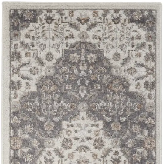 8' Ivory And Gray Floral Runner Rug Photo 6