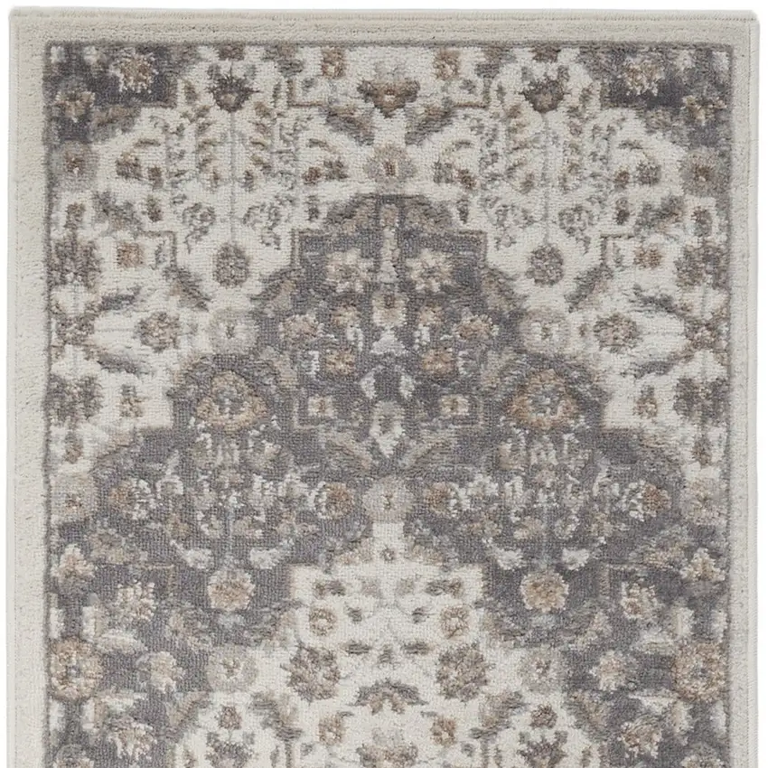 8' Ivory And Gray Floral Runner Rug Photo 6