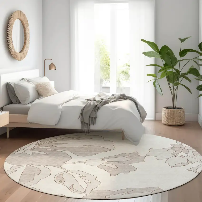 8' Ivory And Gray Floral Washable Round Rug With UV Protection Photo 4