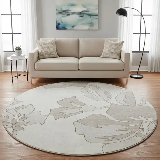 8' Ivory And Gray Floral Washable Round Rug With UV Protection Photo 2