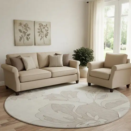 8' Ivory And Gray Floral Washable Round Rug With UV Protection Photo 1