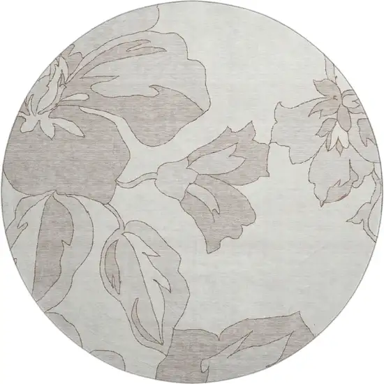 8' Ivory And Gray Floral Washable Round Rug With UV Protection Photo 1