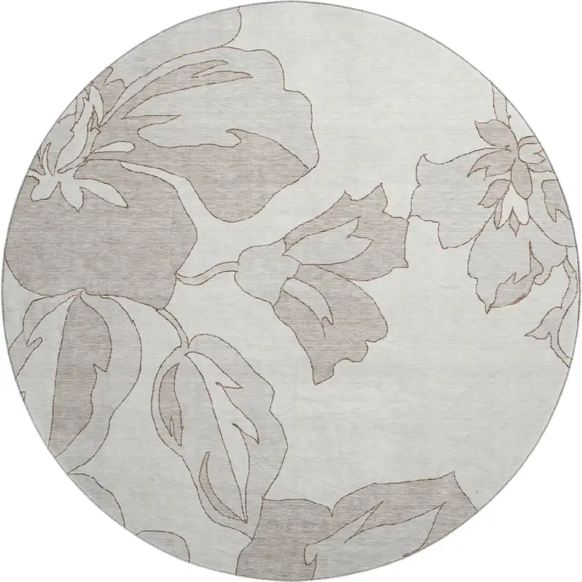 8' Ivory And Gray Floral Washable Round Rug With UV Protection Photo 1