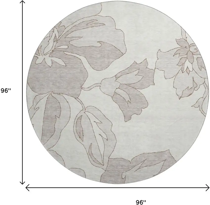 8' Ivory And Gray Floral Washable Round Rug With UV Protection Photo 9