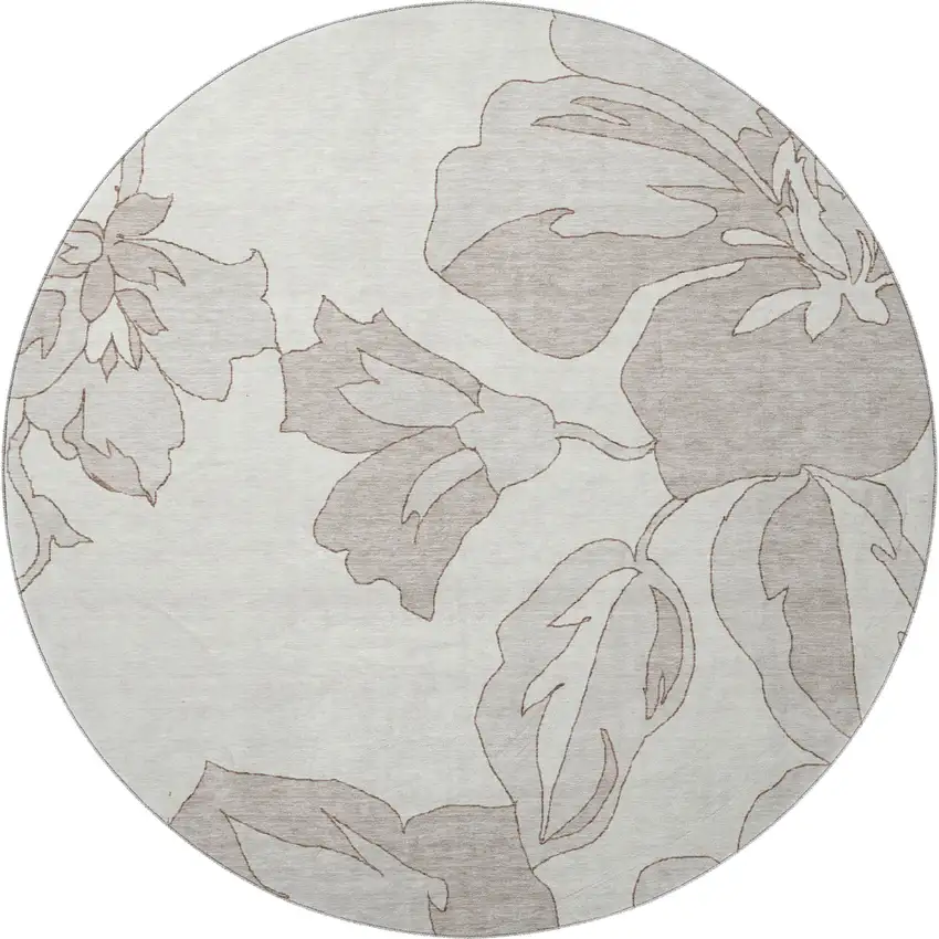8' Ivory And Gray Floral Washable Round Rug With UV Protection Photo 3