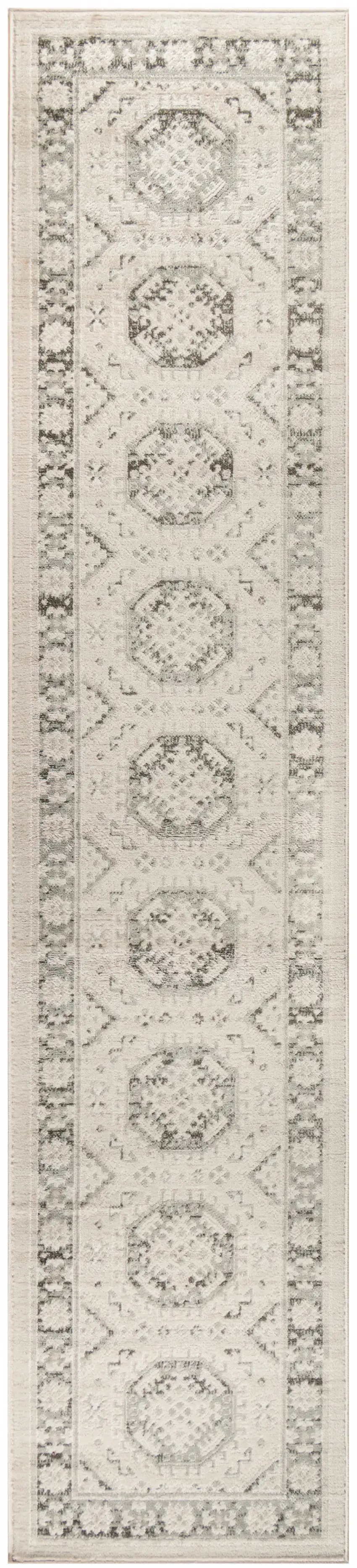8' Ivory And Gray Geometric Distressed Runner Rug Photo 2