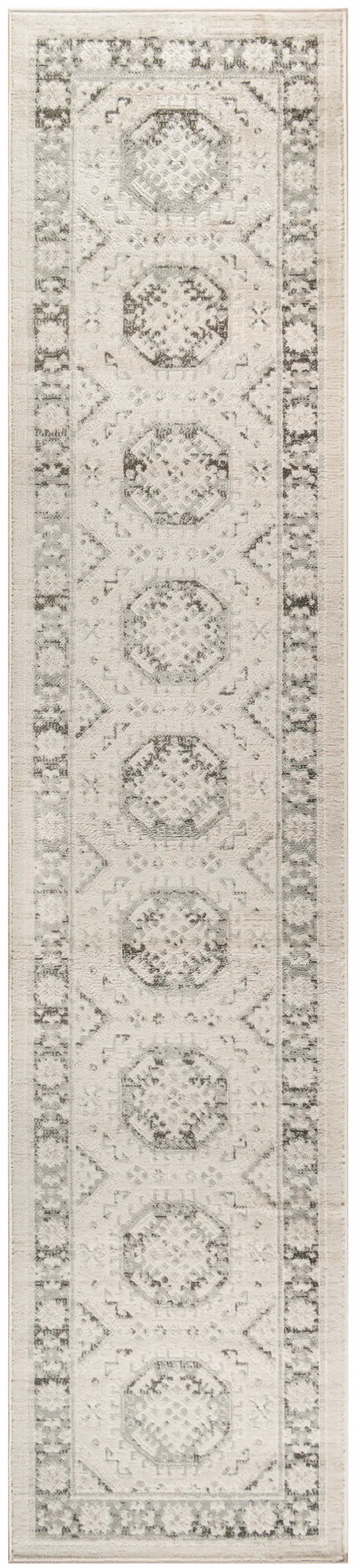 8' Ivory And Gray Geometric Distressed Runner Rug Photo 3