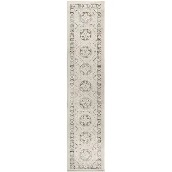 8' Ivory And Gray Geometric Distressed Runner Rug Photo 3