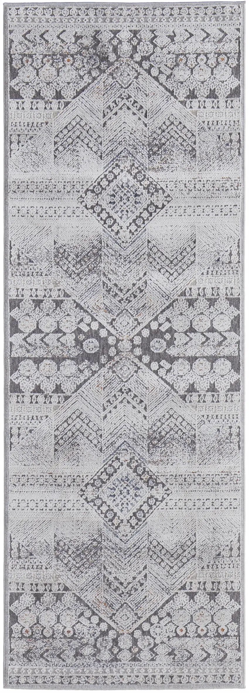 8' Ivory And Gray Geometric Power Loom Distressed Stain Resistant Runner Rug Photo 1