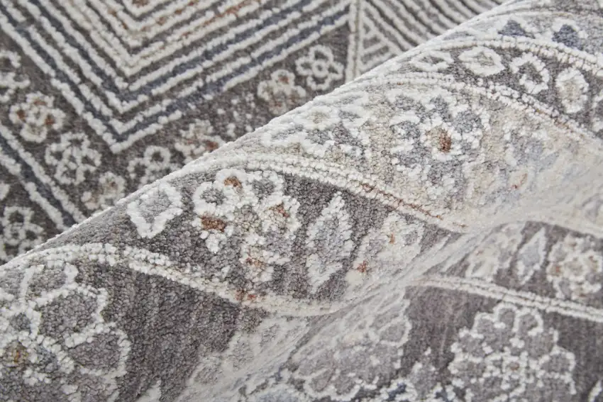 8' Ivory And Gray Geometric Power Loom Distressed Stain Resistant Runner Rug Photo 6
