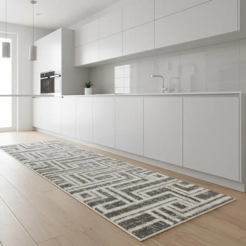 8' Ivory And Gray Geometric Runner Rug Photo 1